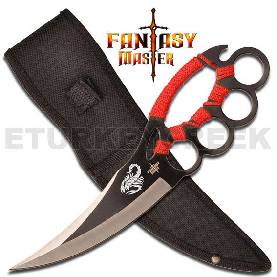 Ninja Knuckle Fighter Knife W/ Sheath - Red Cord Wrapped Handle