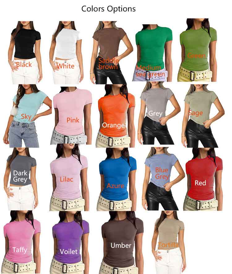 Short Sleeve Crop Top Slim Fit Crew Neck Solid Color T Shirts