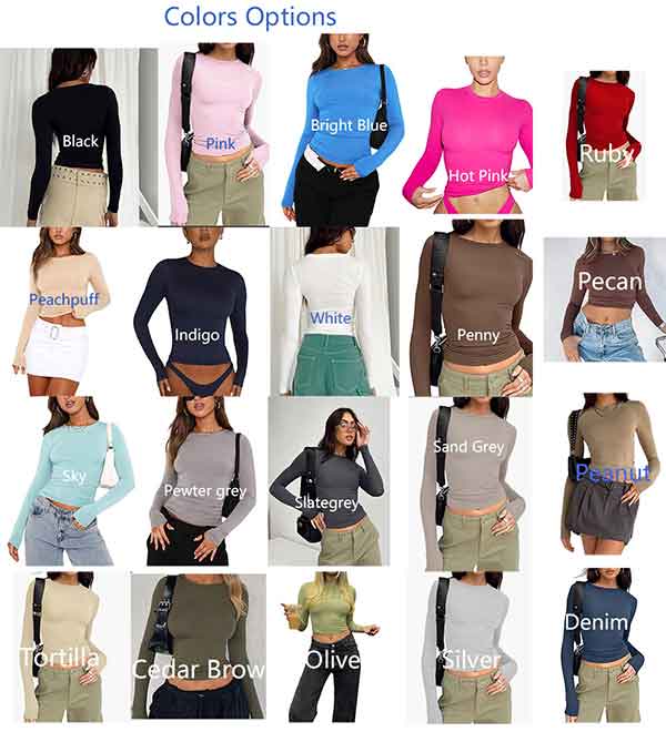 Long Sleeve Crop Top Slim Fit Crew Neck Solid Color T Shirts