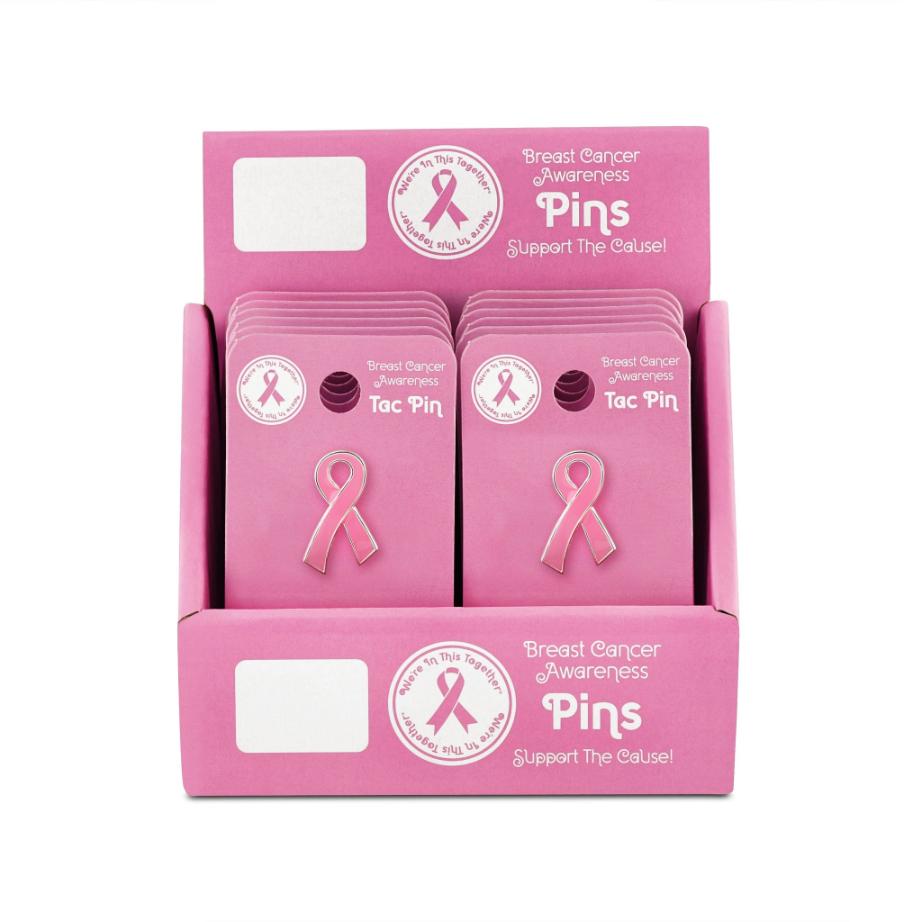 BREAST CANCER Awareness Flat Pink Ribbon Pin Display (12 Cards)