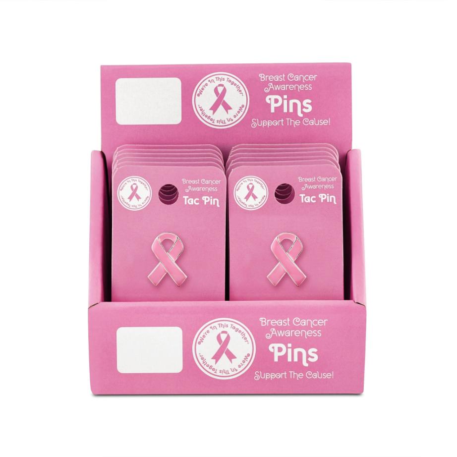 BREAST CANCER Awareness Pink Ribbon Pin Display (12 Cards)