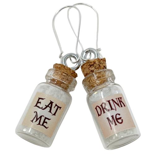 Mismatched earrings Eat Drink me Alice in Wonderland