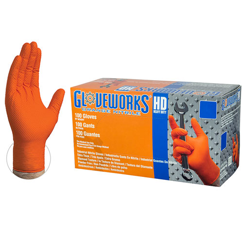 100 PIECE NITRILE GLOVES, LARGE ORANGE, 9 MIL FINGER, 8 MIL PALM