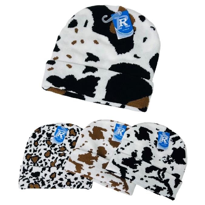 Cow-Print Knitted Cuffed Hat [ADULT Size]