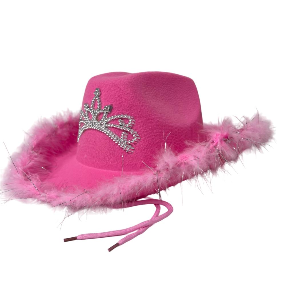 Ladies Felt Cowboy HAT with Tiara and Feather Edge-PINK ONLY