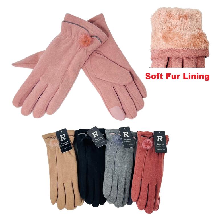 Ladies Plush-Lined Touch Screen Fleece GLOVES [PomPoms]