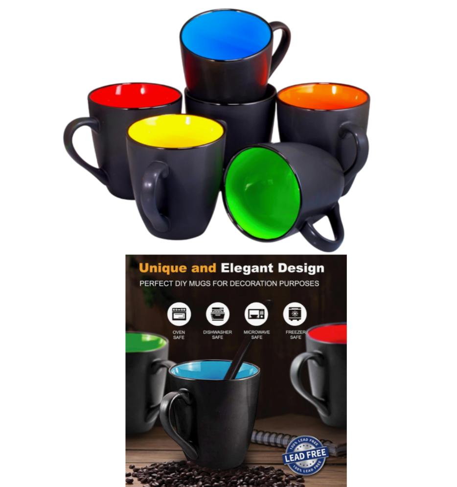 6pc Bruntmor 16oz Ceramic COFFEE Mug Set [Matte Black/Colorful]