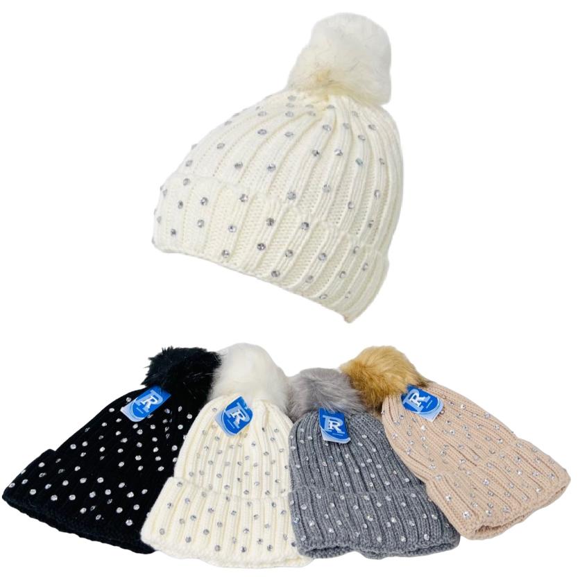 LADIES Knitted Pompom Hat [Rhinestones]