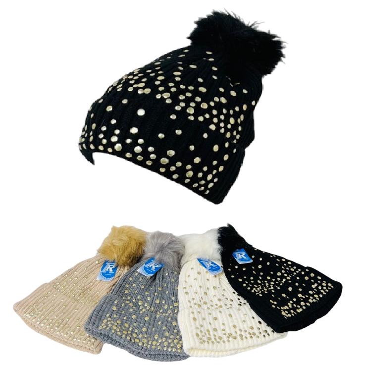 Ladies Knitted Pompom Hat [GOLD Studs]