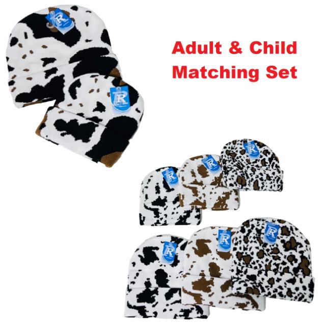 ADULT/Child Set: Knitted Cuffed Hat-Cow Print [WN82921-WN82914]