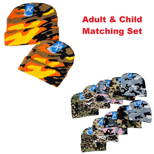 ADULT/Child Set: Knitted Cuffed Hat-Camo [WN82891-WN82884]