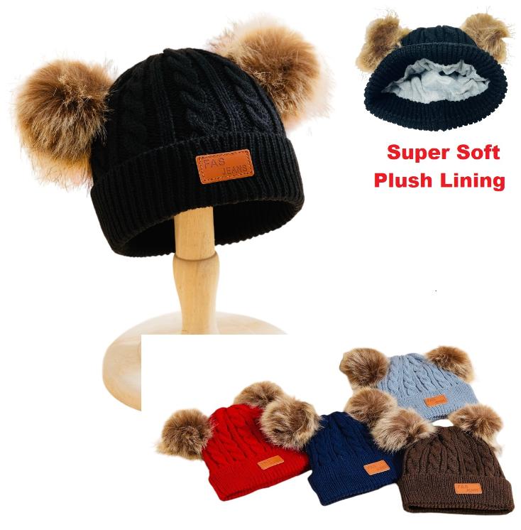 Child's Plush-Lined Knit HAT with Double Faux Fur PomPoms