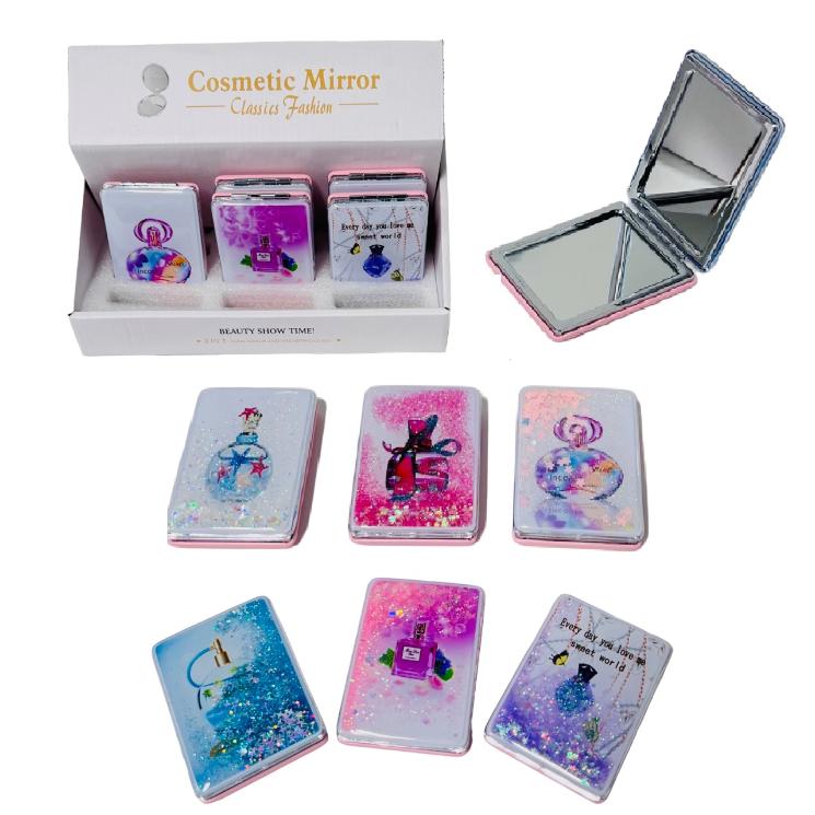 Folding Compact Mirror [Shaking Glitter Perfume Bottle]3.25''x2.5''