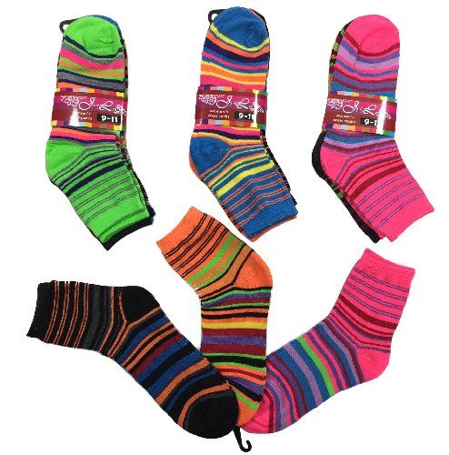 3pr Ladies/Teen Quarter SOCKS 9-11 [Thin Stripes]