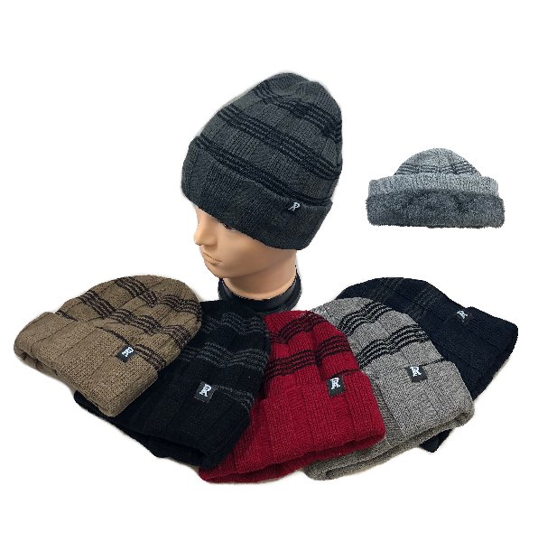 Plush-Lined Knit Toboggan [Striped Top-Solid Fold]