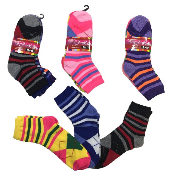 3pr LADIES/Teen Quarter Socks 9-11 [Stripes/Argyle]
