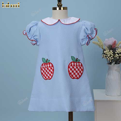 Girl DRESS In Blue With Apple Embroidered