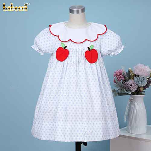 Girl DRESS Tiny Blue Dots With Apple Embroidered