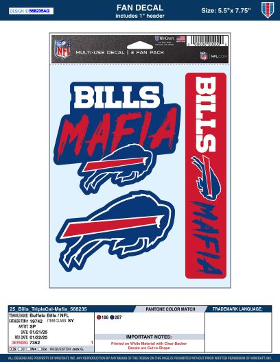 BUFFALO BILLS MAFIA 3 PIECE FAN DECAL SHEET 5.5 X 7,75