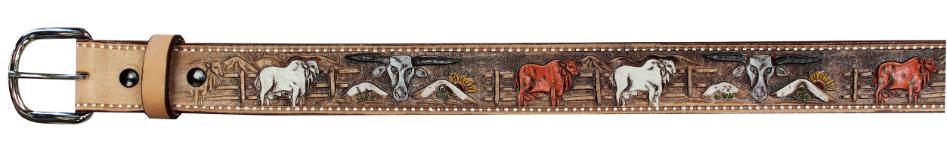 Natural color LEATHER BELT with Bahama bulls and skulls