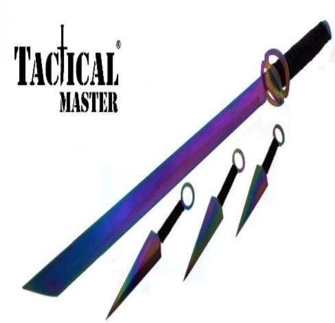 26'' Samurai Style NINJA Machete with Throwing Knives Kit Rainbow