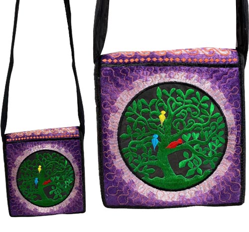 Silk Embroidered Tree of Life Multicolor BIRD Purple sling