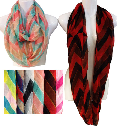 Wholesale Light Weight Infinity SCARVES Tri-Color Chevron Print