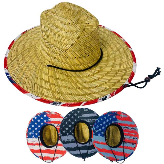 Wholesale Lifeguard Straw Sun Hat Printed FLAG Pattern