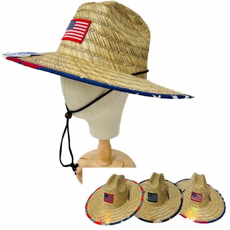 Lifeguard Straw Sun Hat American FLAG Patch