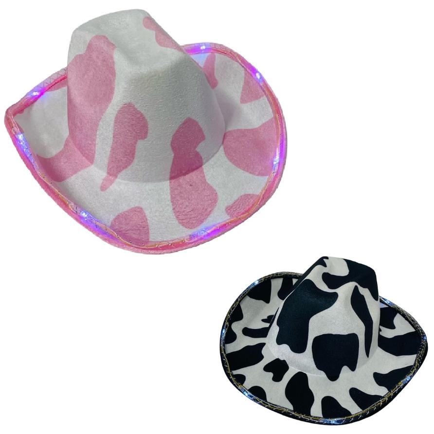 Wholesale Light-Up Felt Cowboy HAT Cow Prints Black and Pink