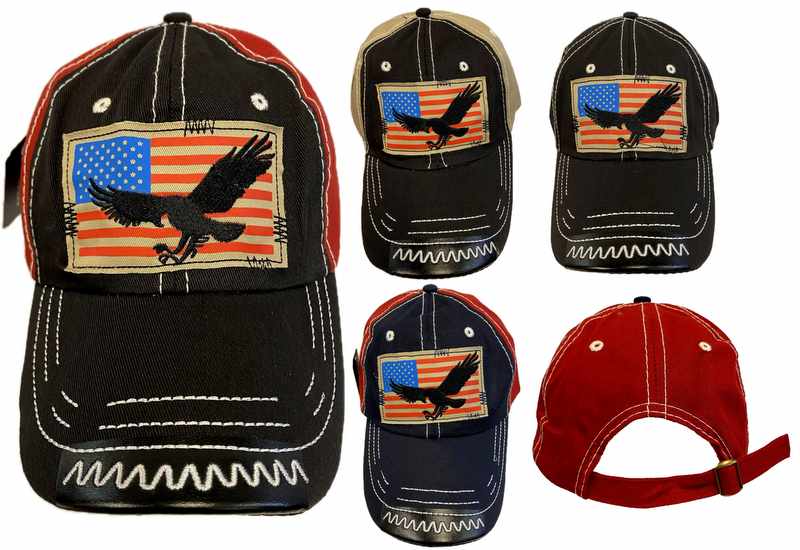 Wholesale Prewashed Cloth Flying Eagle Hats With American FLAG