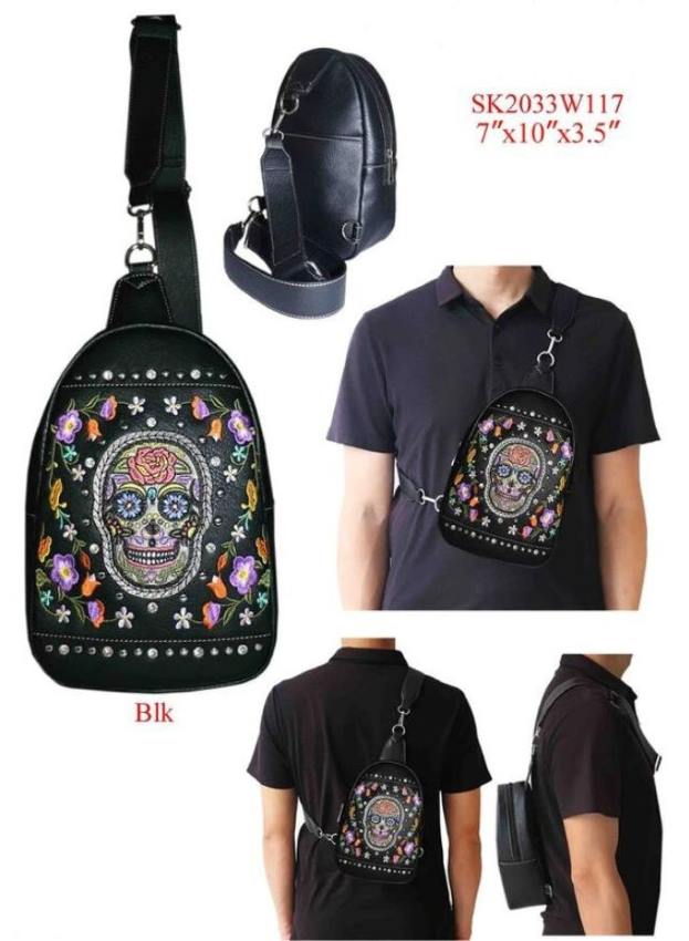 Wholesale Crossbody Backpack Sugar Skull Design Black