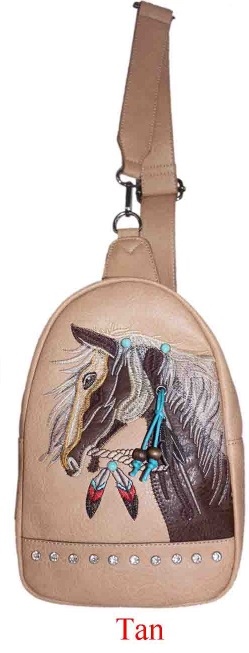 Rhinestone Horse Embroidery Design Crossbody BACKPACK Tan