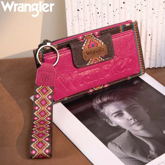 Wrangler Aztec Print Bi-Fold WALLET Wristlet - Hot Pink