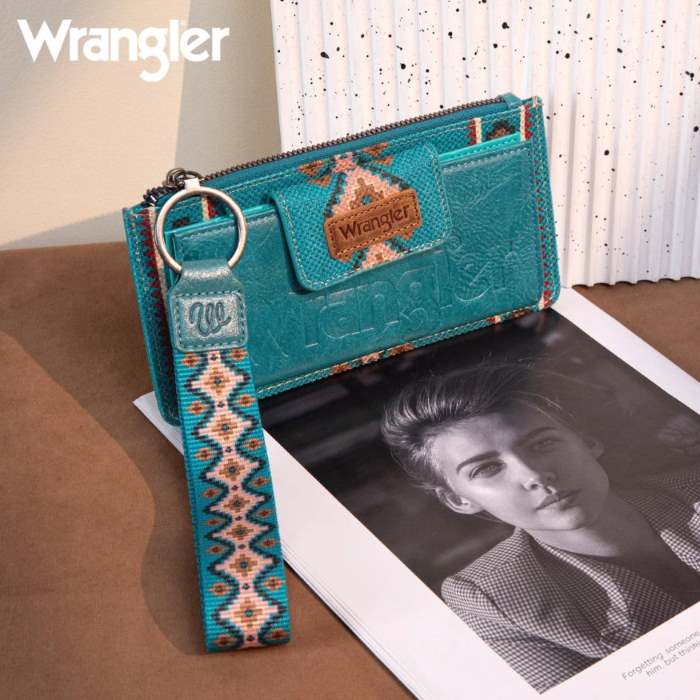 Wrangler Aztec Print Bi-Fold WALLET Wristlet - Dark Turquoise