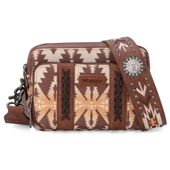 Wrangler Aztec Printed Crossbody Purse With WALLET Light Coffee