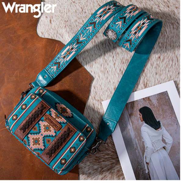 Wrangler Aztec Printed Crossbody Purse With WALLET Turquoise