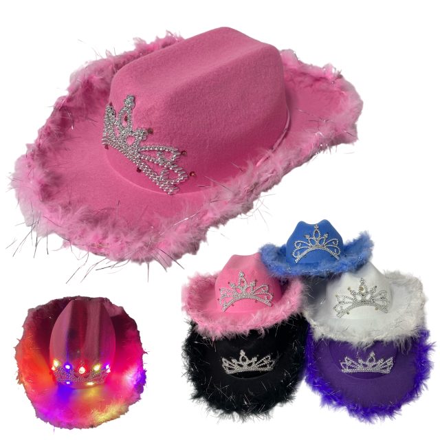 Child's Light-Up Felt Cowboy Hat w TIARA and Feather Edge-Asst