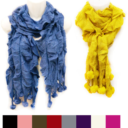 Wholesale Knitted Solid Color Ruffle SCARVES with Ball Fringes