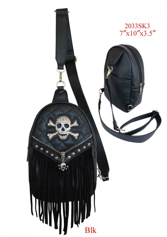 Wholesale Crossbody BACKPACK Rhinestone Metal Head Skull with Fri