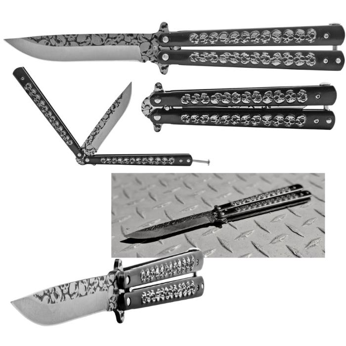 5.25''Stainless Steel SKULL Embossed Butterfly Pocket Knife