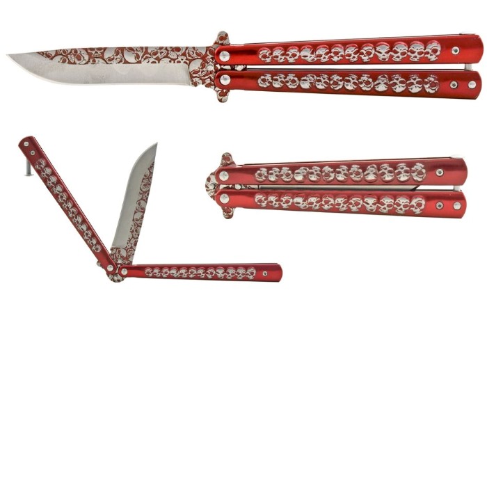 5.25''Stainless Steel SKULL Embossed Butterfly Pocket Knife Red