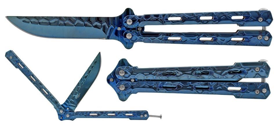 5.25'' Full Stainless Steel Sharpened Butterfly POCKET KNIFE Blue