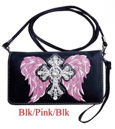 RHINESTONE Western Style Wallet PURSE Cross with Wing Black Pink