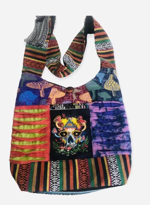 Cotton RAZOR Multi Patchwork Mushroom & Skull Bag