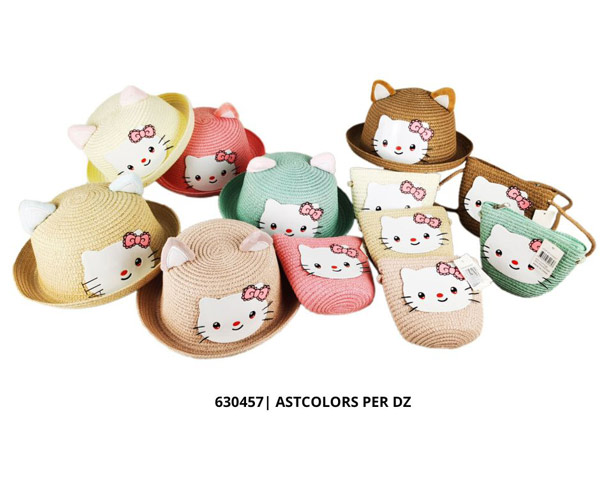 Wholesale kids Straw Sun Hat and PURSE A Set with Kitty Design