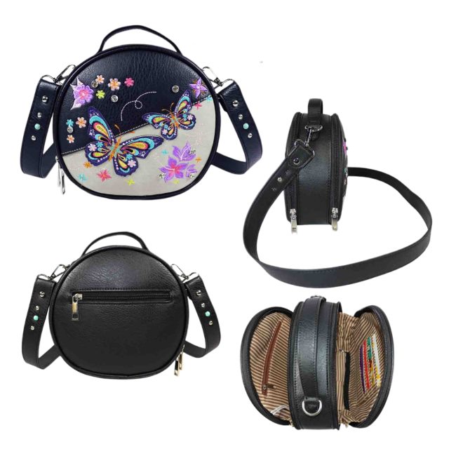 Butterfly Embroidery Round Crossbody Bag - Black