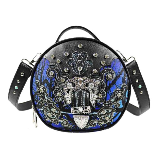 Western Bling Rhinestone Round Crossbody Bag - Blue