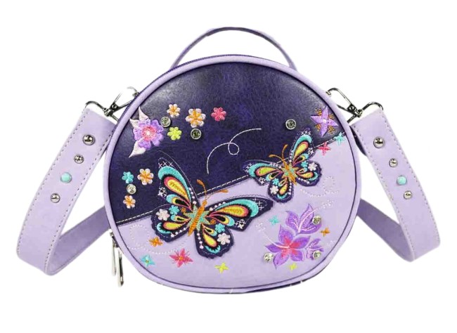 Butterfly Embroidery Round Crossbody Bag - Purple