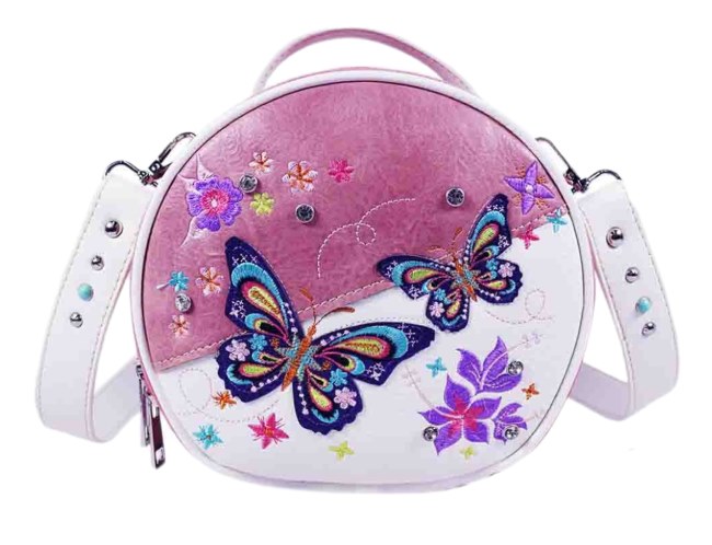 Butterfly Embroidery Round Crossbody Bag - Dark Pink